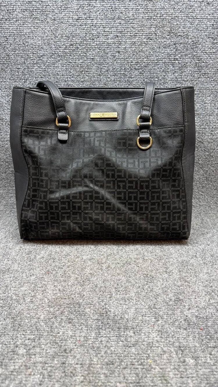 Tommy Hilfiger Black Monogram Tote Shoulder Bag Logo Plaque Women